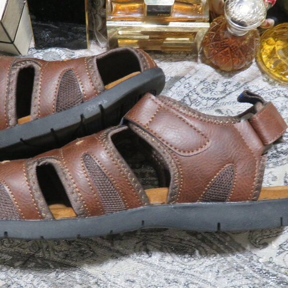 Nunn Bush Brown Leather Rio Grande Fisherman Toe Velcro closure Sandals Sz 13 M - Picture 9 of 15